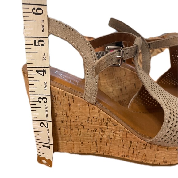 FRANCO SARTO CLINTON TAUPE SLING BACK PLATFORM CORK WEDGE LEATHER SUEDE CUTOUT - Picture 3 of 8